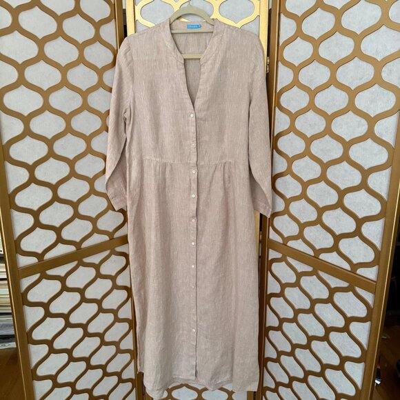 J. Mclaughlin Size L Beige Linen Long Sleeve Button-Down Lagenlook Dress - Picture 10 of 16